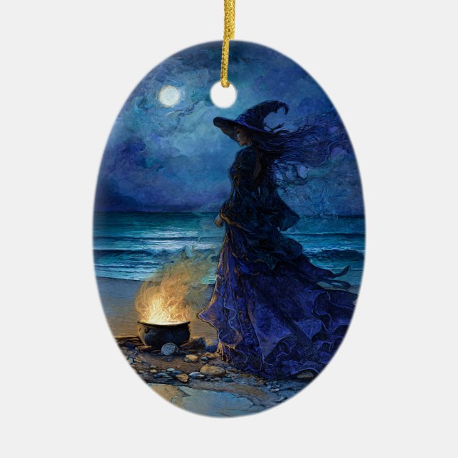 Witch by the Moonlit Sea Ceramic Tree Decoration (Front)