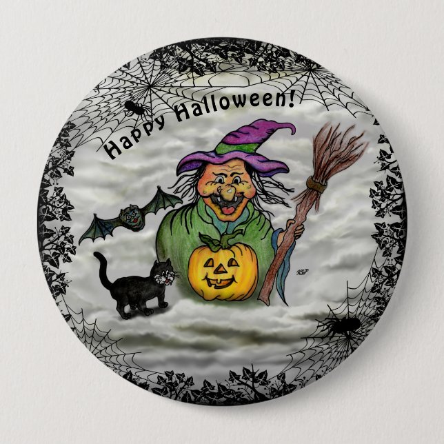 Witch , Cat , Bat and Pumpkin , Happy Halloween ! 10 Cm Round Badge (Front)