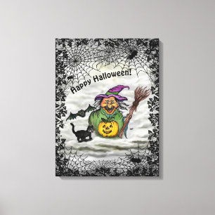 Witch , Cat , Bat and Pumpkin , Happy Halloween ! Canvas Print