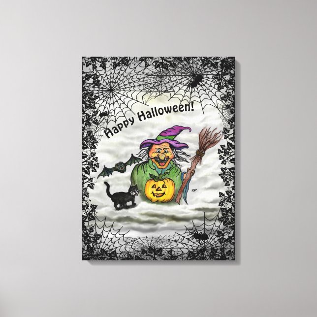 Witch , Cat , Bat and Pumpkin , Happy Halloween ! Canvas Print (Front)