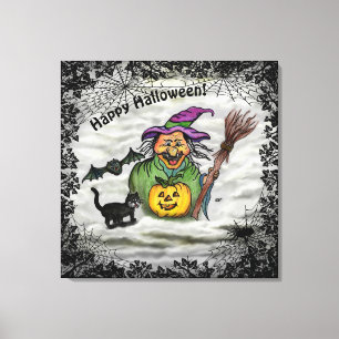 Witch , Cat , Bat and Pumpkin , Happy Halloween ! Canvas Print