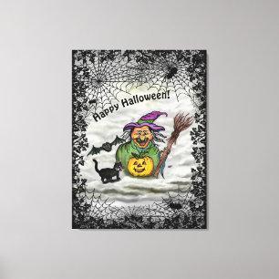 Witch , Cat , Bat and Pumpkin , Happy Halloween ! Canvas Print