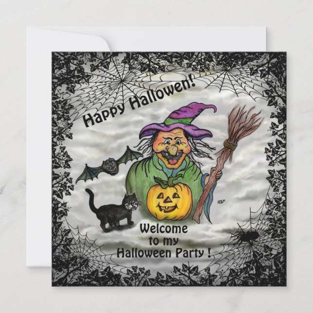 Witch , Cat , Bat and Pumpkin , Happy Halloween ! Card (Front)