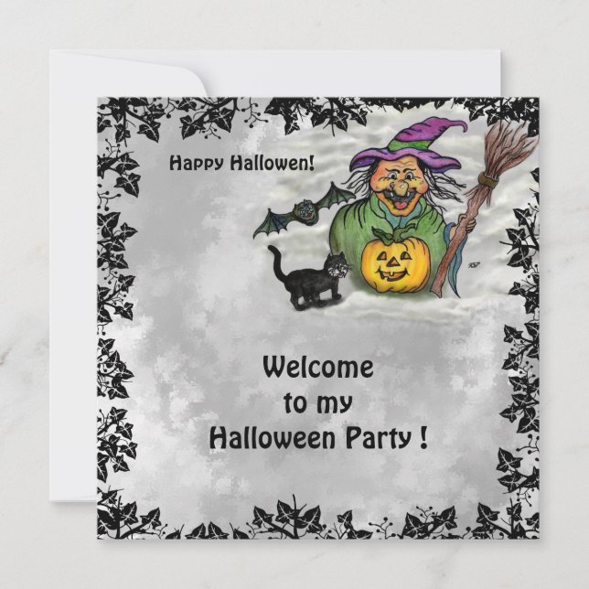 Witch , Cat , Bat and Pumpkin , Happy Halloween ! Card (Front)