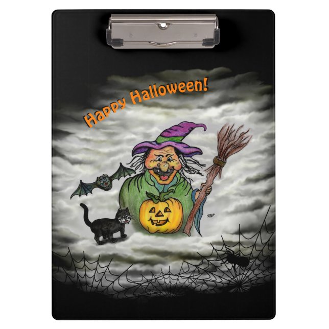 Witch , Cat , Bat and Pumpkin , Happy Halloween ! Clipboard (Front)