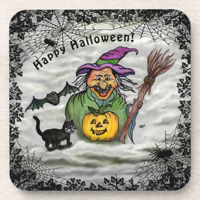 Witch , Cat , Bat and Pumpkin , Happy Halloween ! Coaster (Front)
