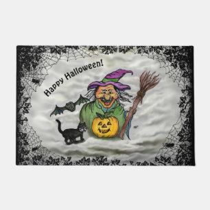 Witch , Cat , Bat and Pumpkin , Happy Halloween ! Doormat