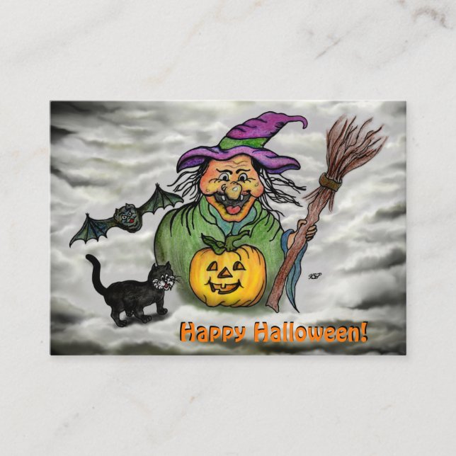 Witch , Cat , Bat and Pumpkin , Happy Halloween ! Enclosure Card (Front)