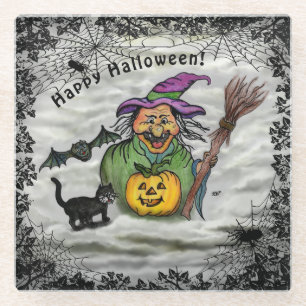 Witch , Cat , Bat and Pumpkin , Happy Halloween ! Glass Coaster
