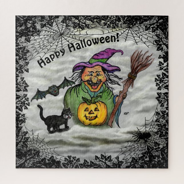 Witch , Cat , Bat and Pumpkin , Happy Halloween ! Jigsaw Puzzle (Vertical)