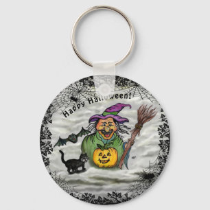 Witch , Cat , Bat and Pumpkin , Happy Halloween ! Key Ring