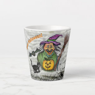 Witch , Cat , Bat and Pumpkin , Happy Halloween ! Latte Mug