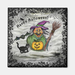 Witch , Cat , Bat and Pumpkin , Happy Halloween ! Magnet