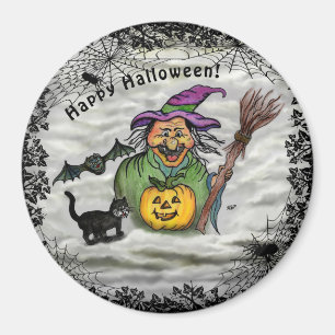 Witch , Cat , Bat and Pumpkin , Happy Halloween ! Magnet