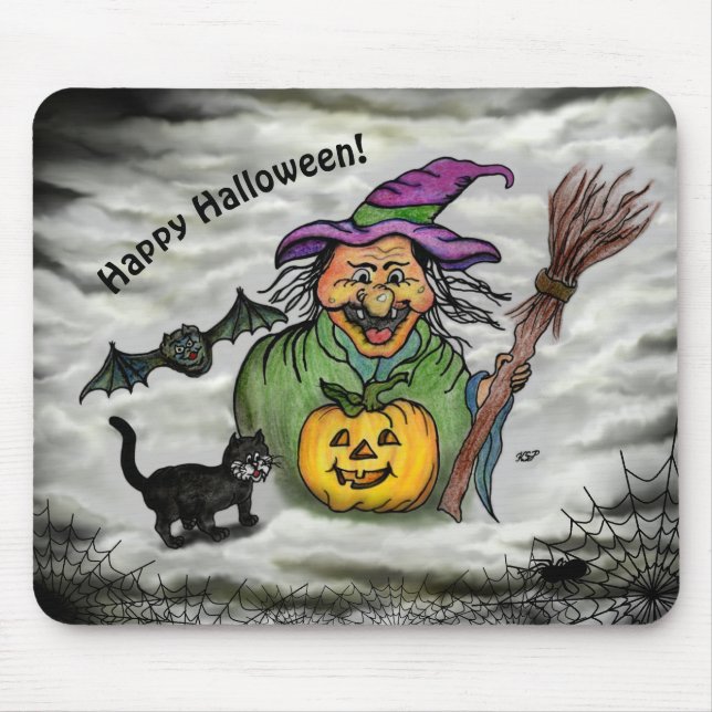 Witch , Cat , Bat and Pumpkin , Happy Halloween ! Mouse Pad (Front)