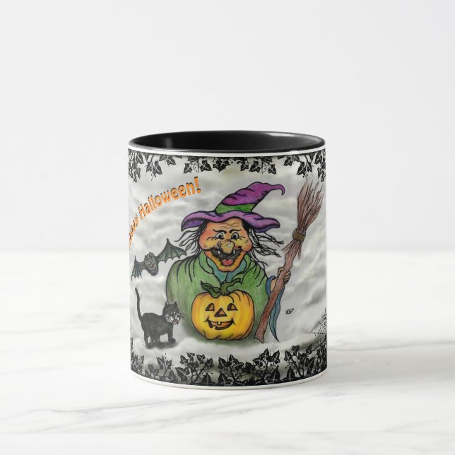 Witch , Cat , Bat and Pumpkin , Happy Halloween ! Mug (Center)