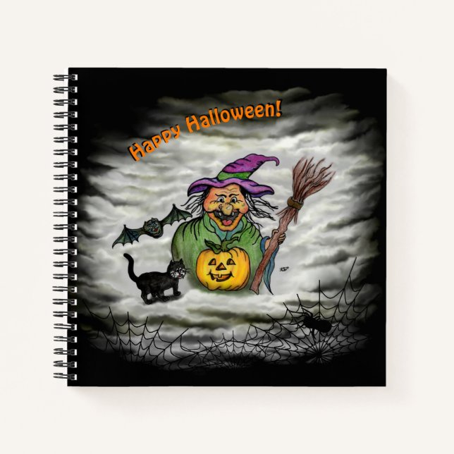 Witch , Cat , Bat and Pumpkin , Happy Halloween ! Notebook (Front)
