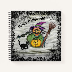 Witch , Cat , Bat and Pumpkin , Happy Halloween ! Notebook