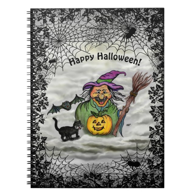 Witch , Cat , Bat and Pumpkin , Happy Halloween ! Notebook (Front)