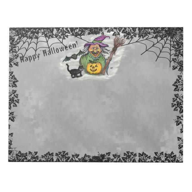 Witch , Cat , Bat and Pumpkin , Happy Halloween ! Notepad (Front)