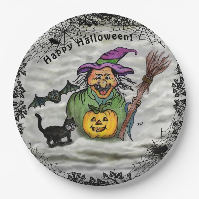 Witch , Cat , Bat and Pumpkin , Happy Halloween ! Paper Plate (Front)
