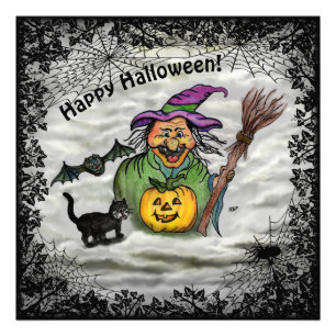 Witch , Cat , Bat and Pumpkin , Happy Halloween ! Photo Print