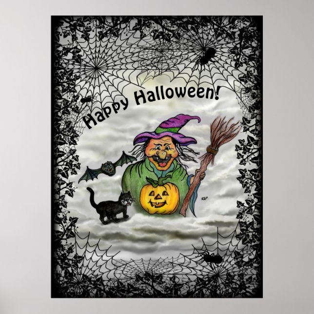 Witch , Cat , Bat and Pumpkin , Happy Halloween ! Poster (Front)