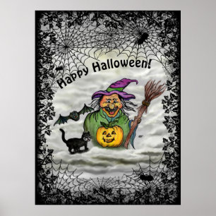 Witch , Cat , Bat and Pumpkin , Happy Halloween ! Poster