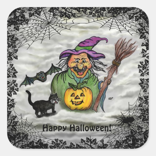 Witch , Cat , Bat and Pumpkin , Happy Halloween ! Square Sticker (Front)