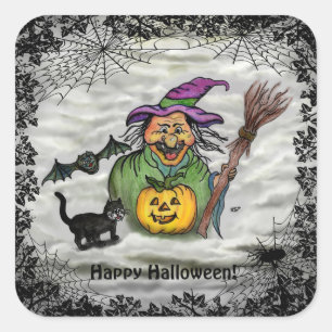 Witch , Cat , Bat and Pumpkin , Happy Halloween ! Square Sticker