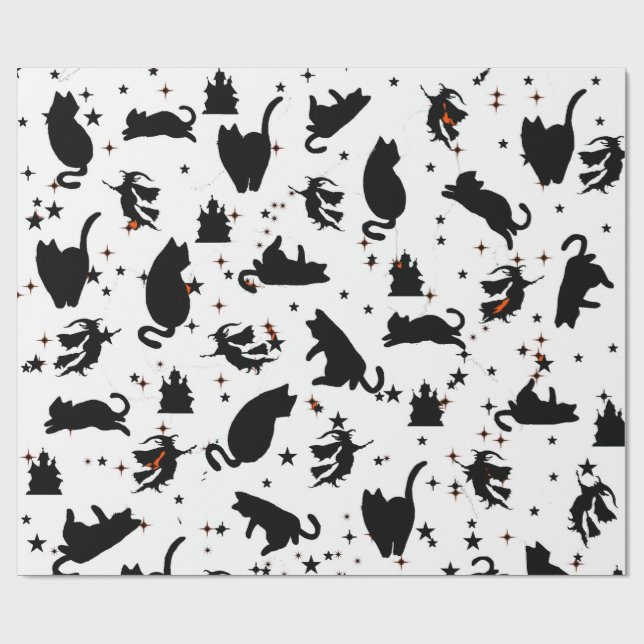Witch, Cat & Castle Silhouette Wrapping Paper (Flat)