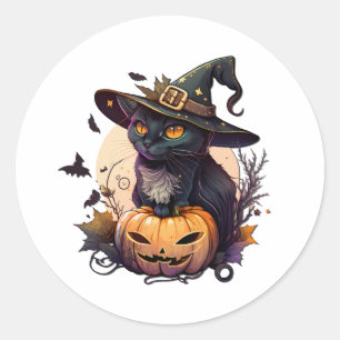 Witch Cat for Halloween  Classic Round Sticker