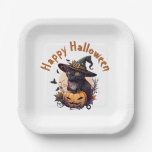 Witch Cat for Happy Halloween Paper Plate