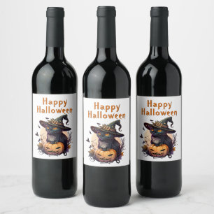 Witch Cat for Happy Halloween Wine Label