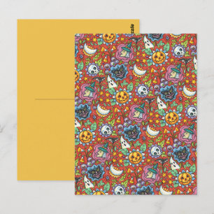 WITCH, CAT, GHOST, COLORFUL HALLOWEEN FOLK GARDEN POSTCARD