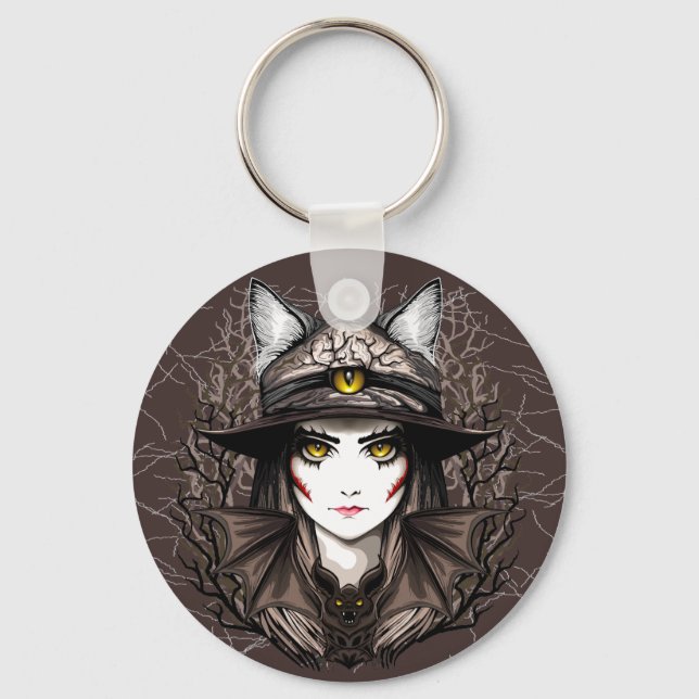 Witch Cat Halloween Creepy Cute Portrait Key Ring (Front)