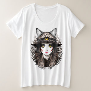 Witch Cat Halloween Creepy Cute Portrait Plus Size T-Shirt