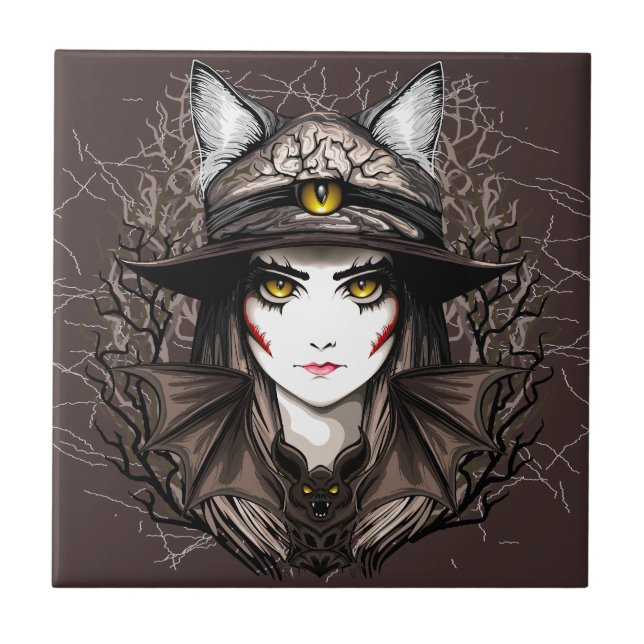Witch Cat Halloween Creepy Cute Portrait Tile (Front)