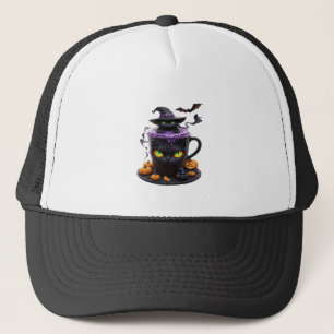 Witch Cat Halloween Latte Creepy Cute Coffee with Trucker Hat