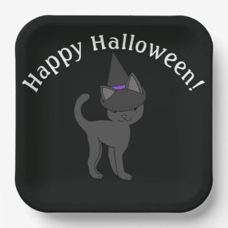 Witch Cat Happy Halloween Paper Plate