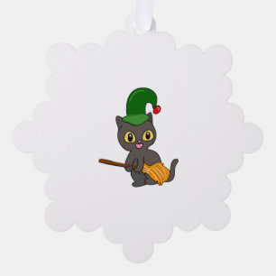 Witch cat in a gnome hat ready to ride a broomstic tree decoration card