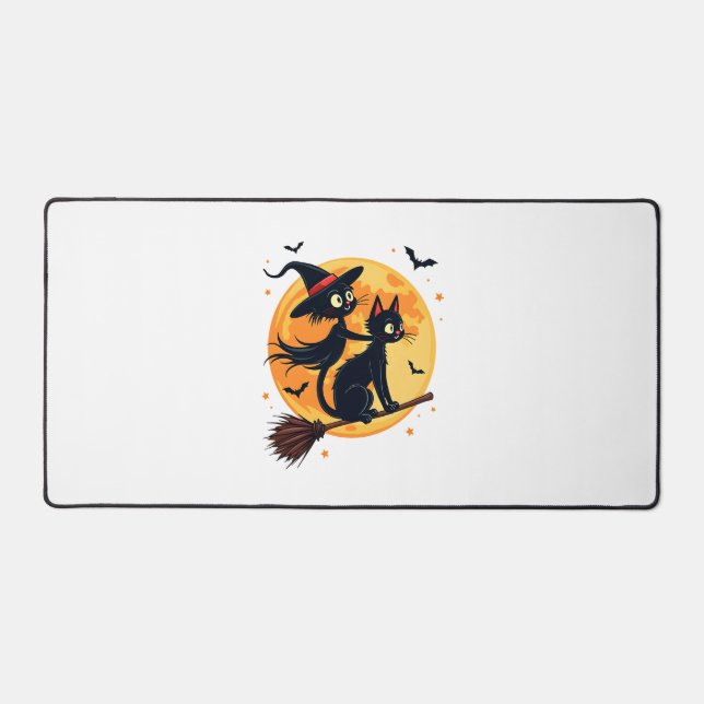 Witch Cat on a Broomstick � Halloween Night Vector Desk Mat (Front)