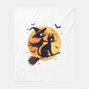 Witch Cat on a Broomstick � Halloween Night Vector Fleece Blanket