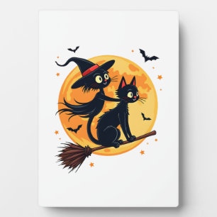 Witch Cat on a Broomstick � Halloween Night Vector Plaque