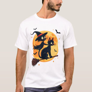 Witch Cat on a Broomstick � Halloween Night Vector T-Shirt