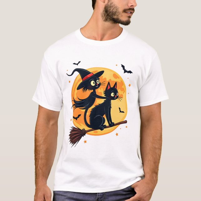 Witch Cat on a Broomstick � Halloween Night Vector T-Shirt (Front)