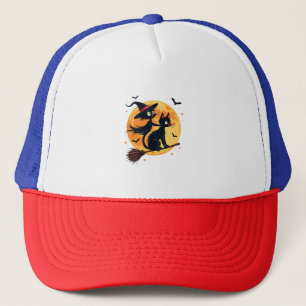 Witch Cat on a Broomstick � Halloween Night Vector Trucker Hat