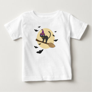 Witch Cat on Broom Youth T-Shirt, Halloween Black Baby T-Shirt