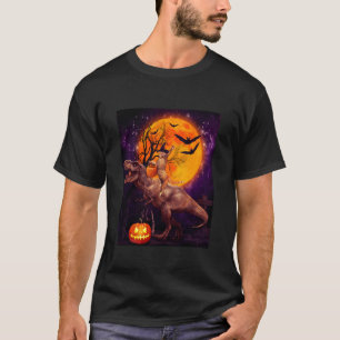 Witch Cat Ridding Dinosaur Moon Pumpkin Funny Hall T-Shirt