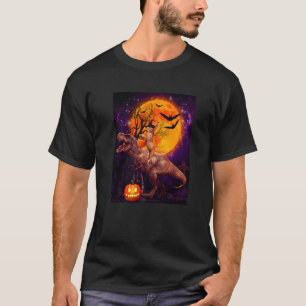 Witch Cat Ridding Dinosaur Moon Pumpkin Halloween T-Shirt